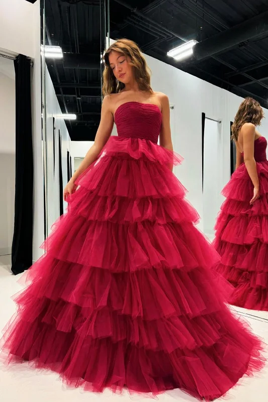 Savings Alert Red Strapless Tulle Long Prom Dress, Beautiful A-Line Evening Party Dress Savings Alert Red Strapless Tulle Long Prom Dress, Beautiful A-Line Evening Party Dress