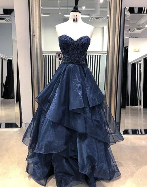 YEAR-End Clearance spaghetti strap dressDark blue lace tulle long ball for teens Prom Dresses Y5852