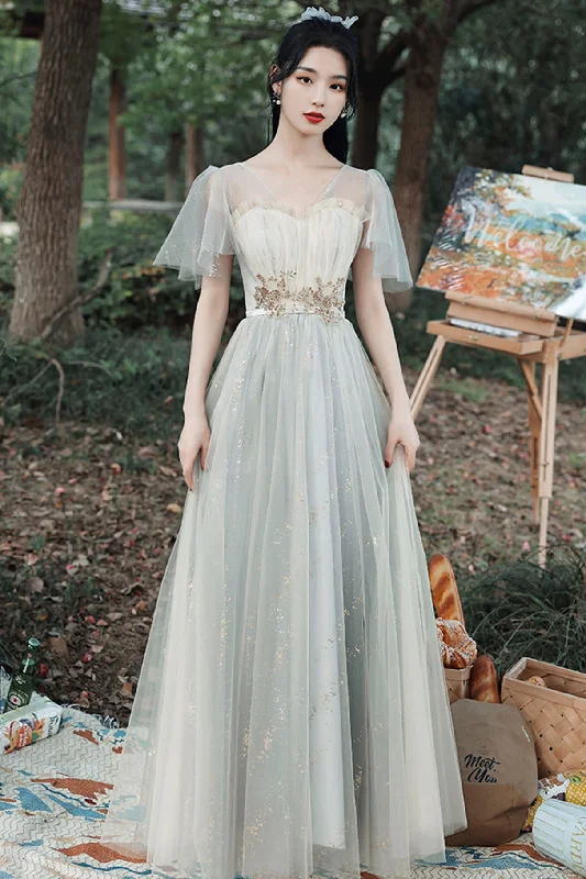 Deal Alert Gray Tulle Lace Long Prom Dress, Cute A-Line Party Dress