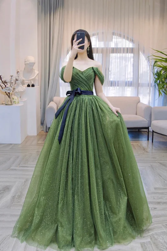 Flash Deals Green Tulle Long Prom Dress, Off Shoulder Evening Dress Party Dress