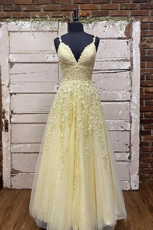 Limited Edition Yellow V-Neck Spaghetti Strap Lace Floor Length Prom Dress