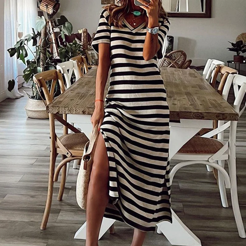 Extra Savings Short Sleeve Striped Split Floral  Maxi Dress