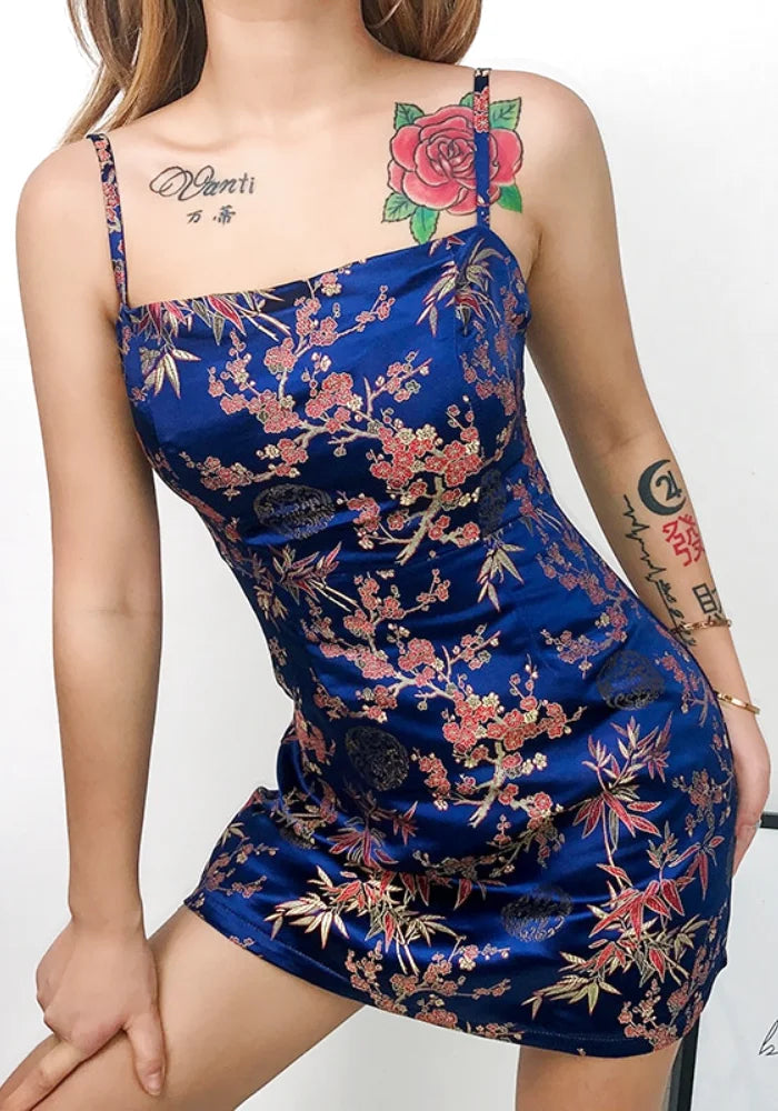 Limited Availability printed dressChinese Blue Satin Dress