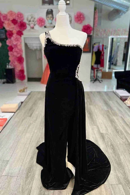 Don't Wait casual dressBeaded One Shoulder Black Velvet Long Formal Dress,Sexy Evening Dress Y1791