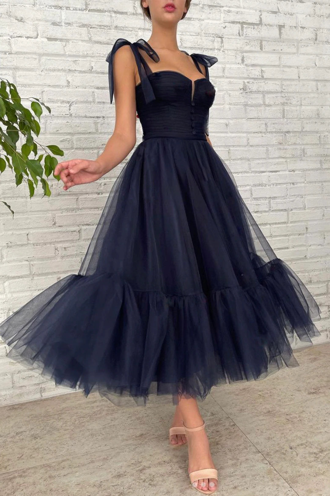 New Deals Blue Spaghetti Strap Tulle Short Tea Length Prom Dress