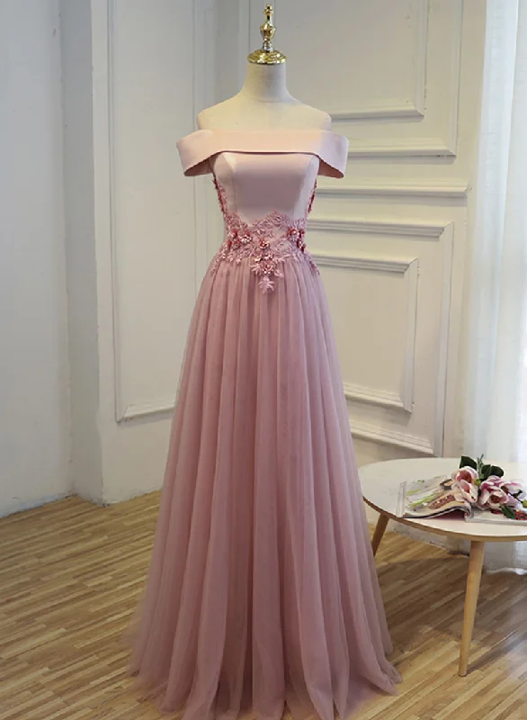 Act Fast Pink Floor Length Tulle Lace Long Prom Dress, A-Line Off the Shoulder Evening Dress