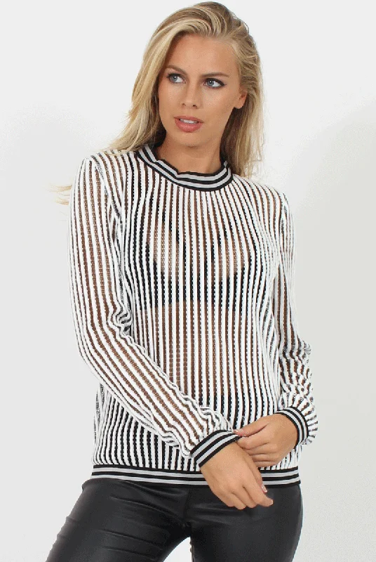 Special Price simple pullover sweatshirtBlack and White Stripe Mesh Jumper - Teegan