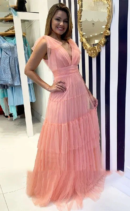 Grand Opening Sale ashionable dressLong Pink Deep V Neck Tulle Prom Dresses Y5543