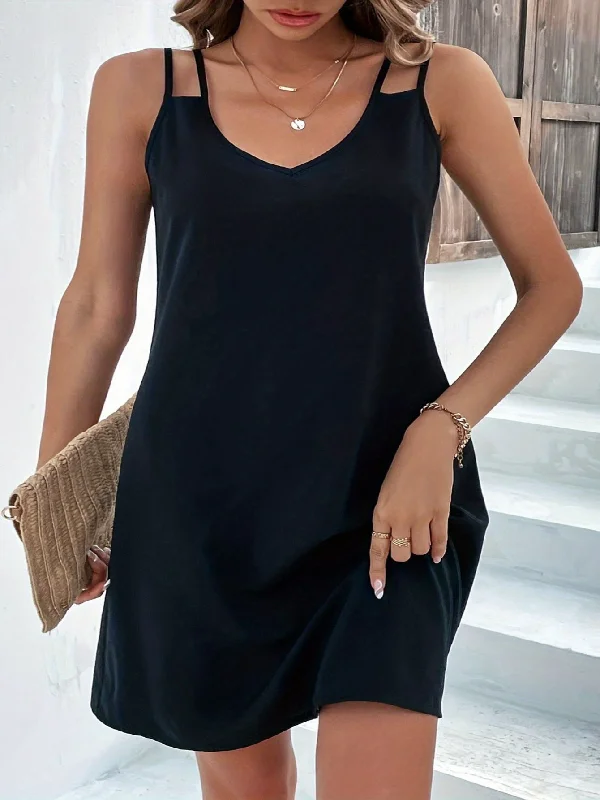 Reduced Prices Solid Split Strap V Neck Medium Stretch Dress