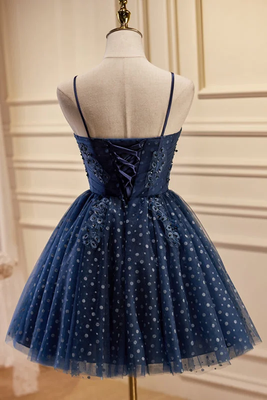 Limited Time Discount Dark Navy Spaghetti Straps Tulle Short Homecoming Dresses