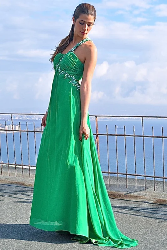 Warehouse Sale A-line One-shoulder Floor Length Chiffon Applique Backless Evening Dress