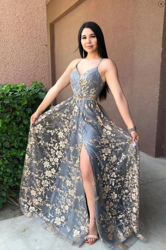 Online Exclusive Gray Tulle Sequins Long Prom Dress, A-Line Backless Evening Dress