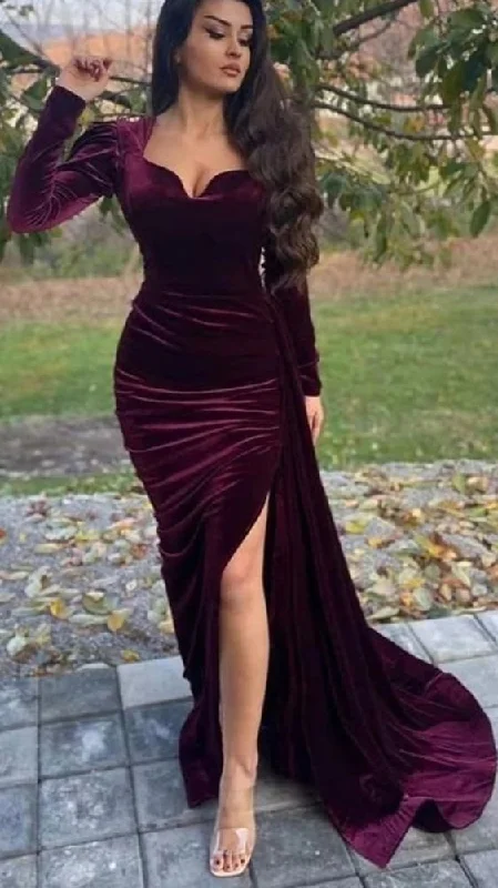 Price Reduction minimalistic dressElegant Velvet V-neck Long Sleeves Side-slit Mermaid Long Train Prom Dress Y5517