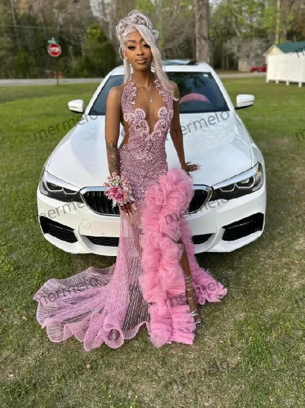 Pink Sparkly Long Trumpet Evening Birthday Dresses For Black Girl