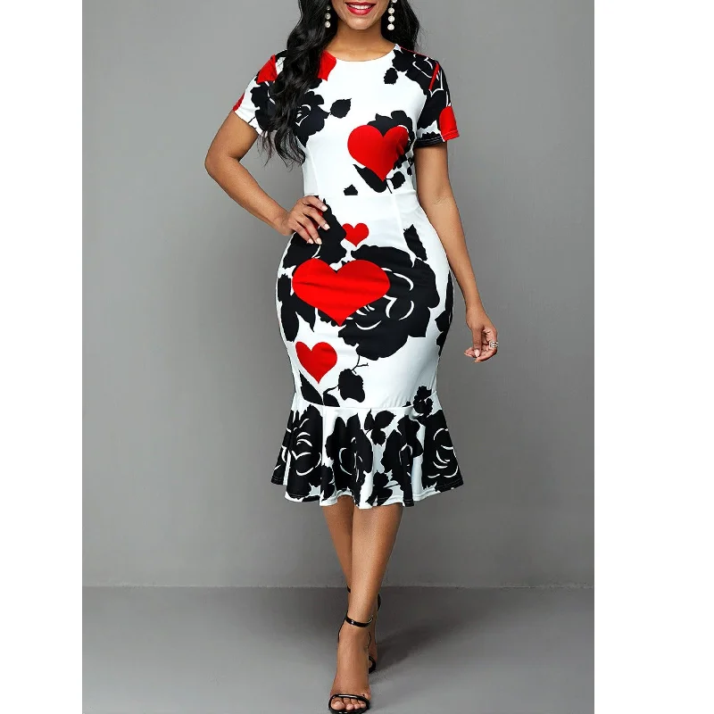 Flash Sale mini dressEuropean And American Round Neck Short Sleeve Printed Slim Ruffle Dress