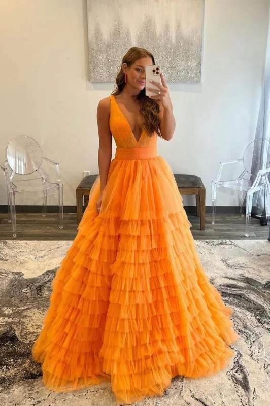 Special Promotion Orange V-Neck Tulle Long Prom Dress