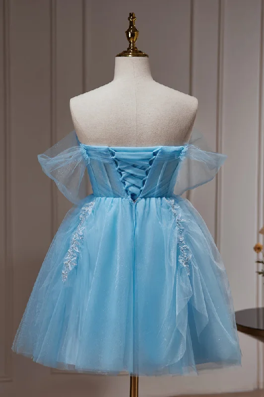 Price Cut Blue Off The Shoulder Beading Appliques Tulle Short Homecoming Dresses