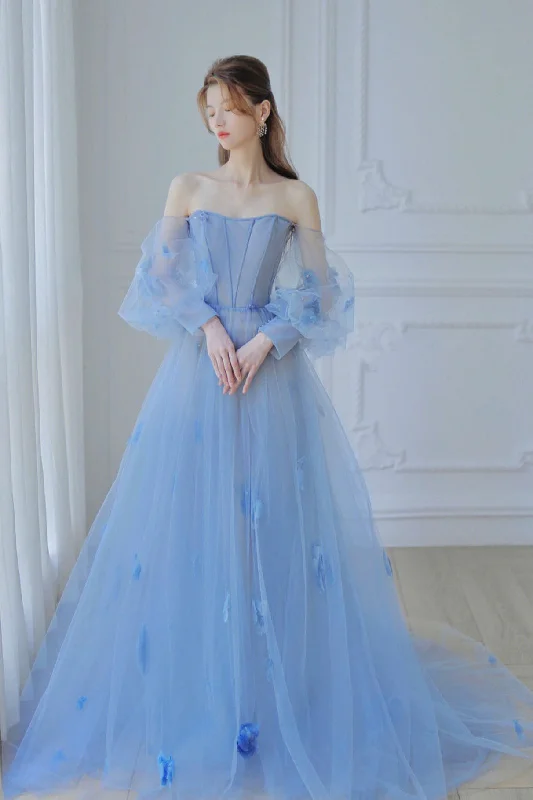Big Savings Blue Off the Shoulder Tulle Floor Length Prom Dress, Long Sleeve Blue Evening Dress