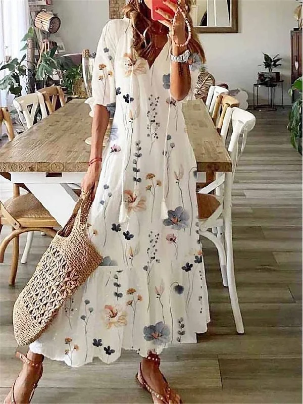 Early Bird Discount V Neck Half Sleeve Loose Floral Maxi Dress