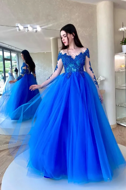 Super Bargain Blue Tulle Lace Long Prom Dress, A-line Long Sleeve Evening Dress