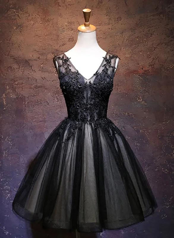 Unmissable Offer Black V-Neck Tulle Lace Short Prom Dress, Black A-Line Backless Homecoming Party Dress