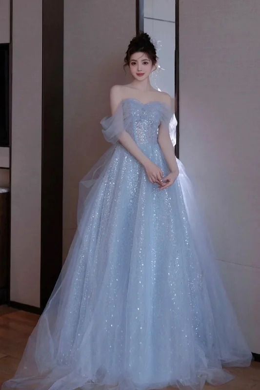 Limited Stock Light Blue Tulle Off Shoulder Formal Dresses , A-Line Sequins Blue Prom Dresses