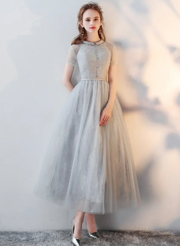 Midnight Madness Cute Tulle Lace Tea Length Prom Dress, A-Line Beautiful Evening Dress
