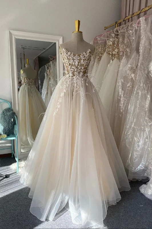 Amazing Deals Champagne Tulle Long A-Line Prom Dress with Lace