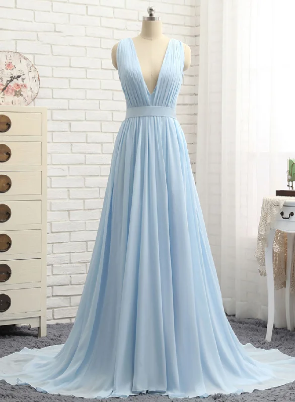 Early Access Baby Blue Chiffon Floor Length Prom Dress, Simple V-Neck Backless Evening Dress Early Access Baby Blue Chiffon Floor Length Prom Dress, Simple V-Neck Backless Evening Dress
