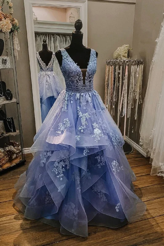 New Markdowns Blue V-Neck Tulle Long Prom Dress with Lace