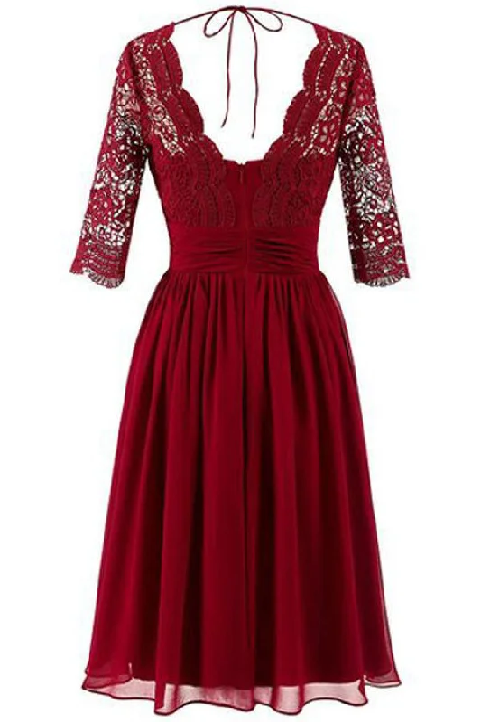 Lowest Price Burgundy A Line Knee Length V Neck 1/2 Sleeve Hollow Bridesmaid Dresses Lowest Price Burgundy A Line Knee Length V Neck 1/2 Sleeve Hollow Bridesmaid Dresses