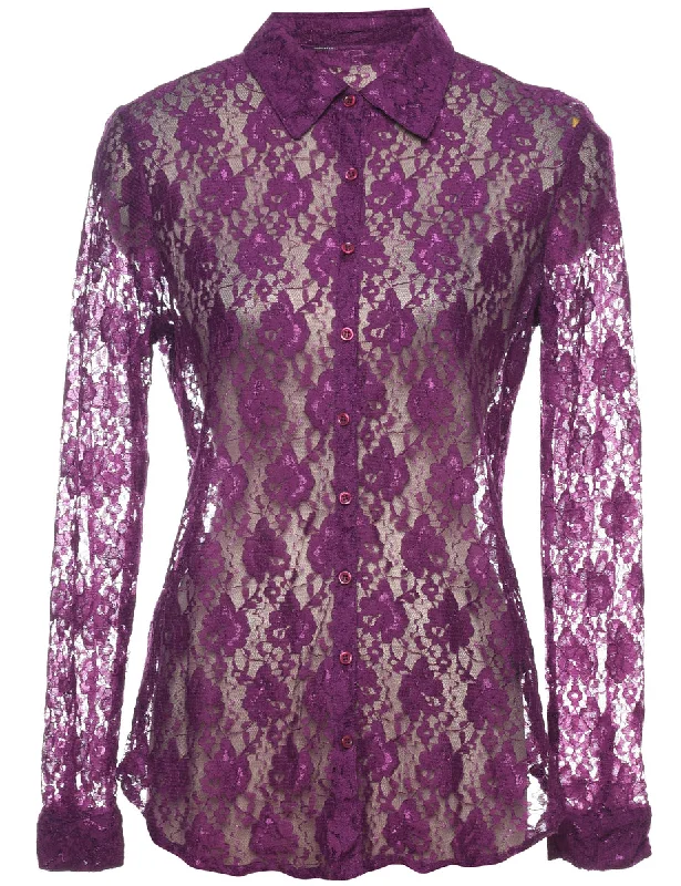 Quick Sale sporty jacketPurple Sheer Floral Lace 1990s Evening Blouse - M