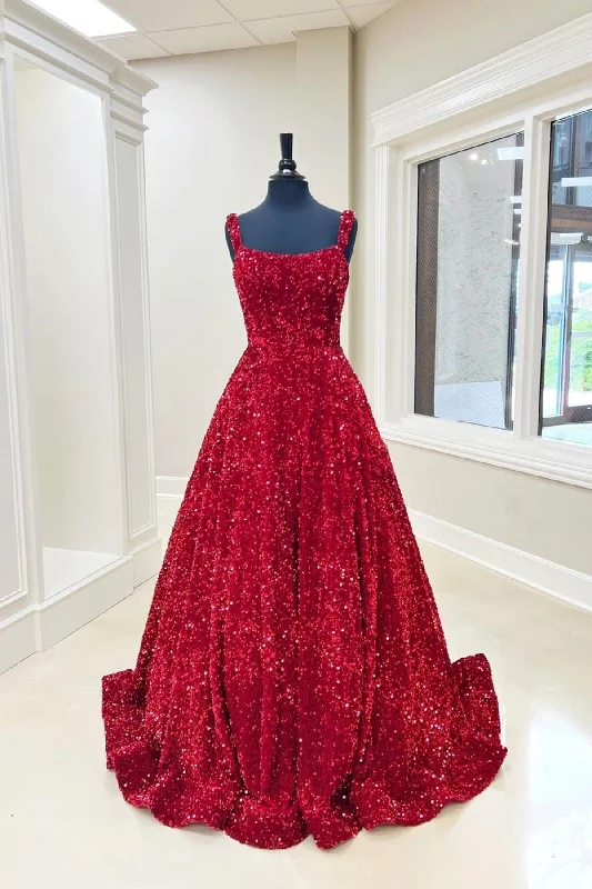 Must-Have Deals Burgundy Sequin Backless A-Line Long Prom Gown