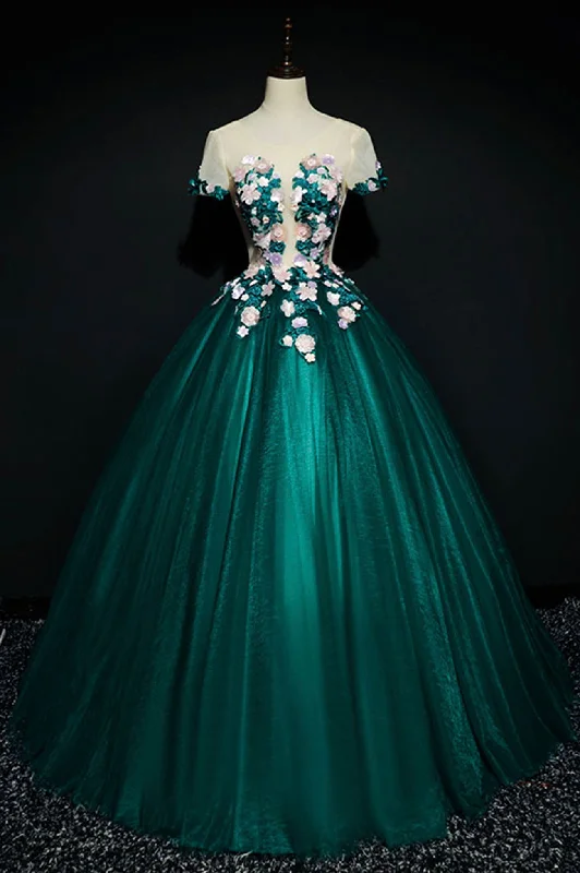 Early Access Green Scoop Neckline Tulle Long Prom Dress, Green A-Line Evening Dress with Flowers Early Access Green Scoop Neckline Tulle Long Prom Dress, Green A-Line Evening Dress with Flowers