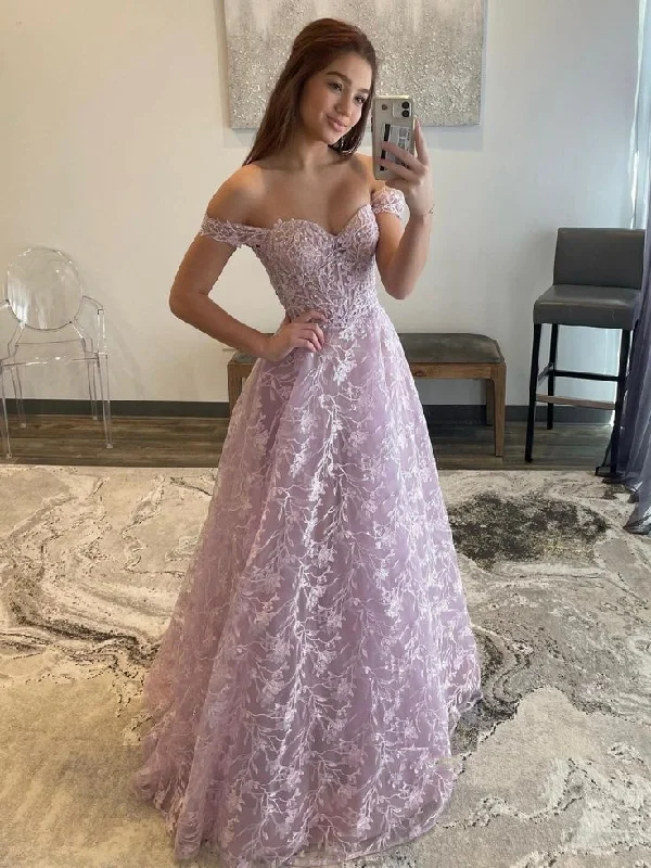 Off Shoulder Lilac Lace Long Prom Dresses, Off the Shoulder Formal Dresses, Lilac Evening Dresses Y5340