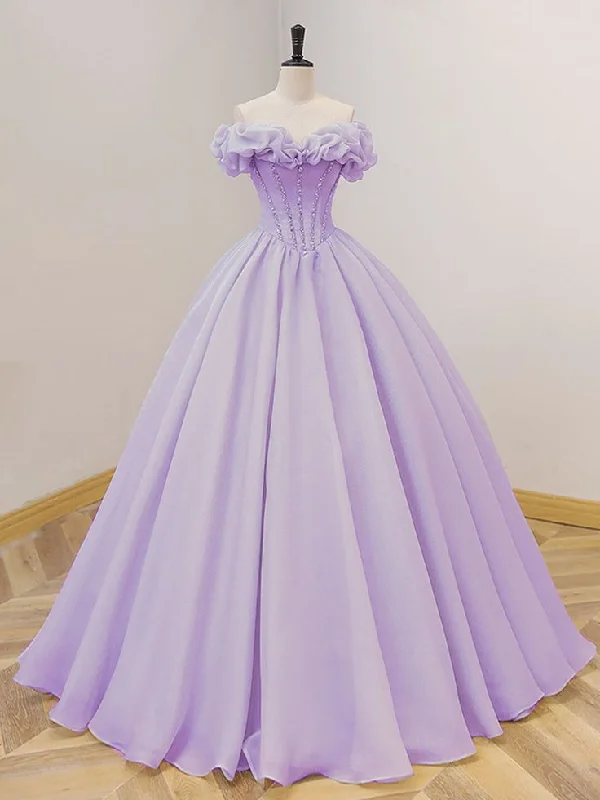Hurry In satin dressPurple A-Line Off Shoulder Long Prom Dresses, Sweet 16 Dress Y5865