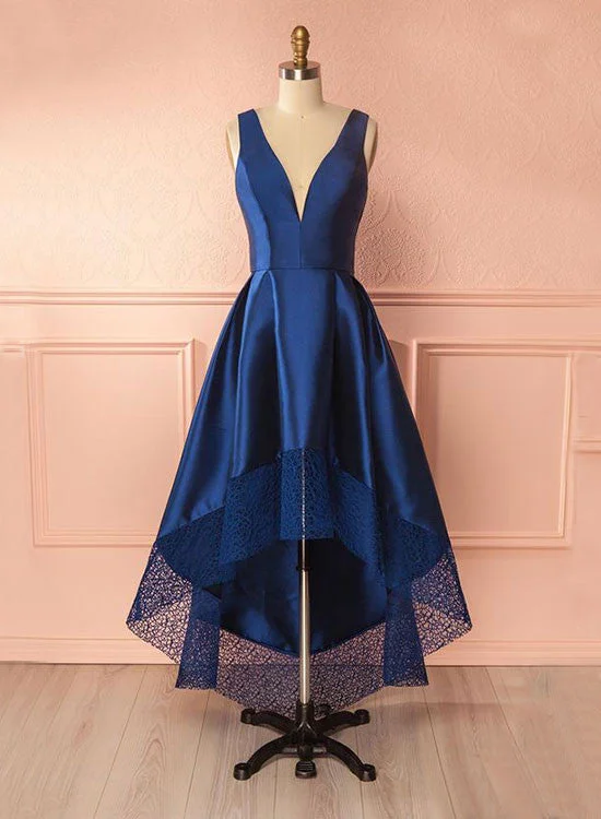 Holiday Sale Unique High Low V-Neck Prom Dress, Blue A-Line Evening Party Dress