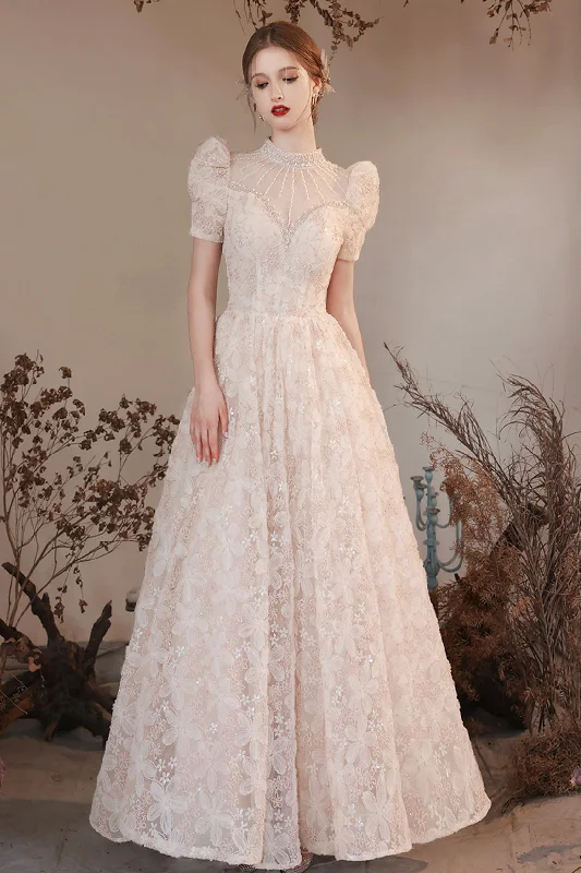 Final Sale Beautiful High Neck Long A Line Princess Dresses, Cute Short Sleeve Beaded Formal Dresses