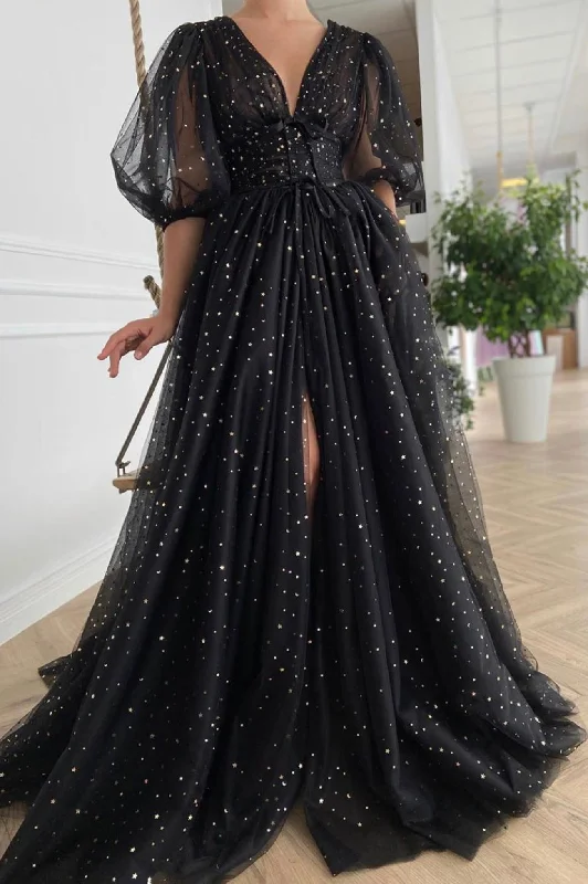 Today’s Deal Black V-neck Tulle Long Prom Dress