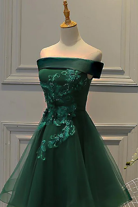 Factory Direct Sale Dark Green Strapless A Line Appliques Tulle Homecoming Dresses