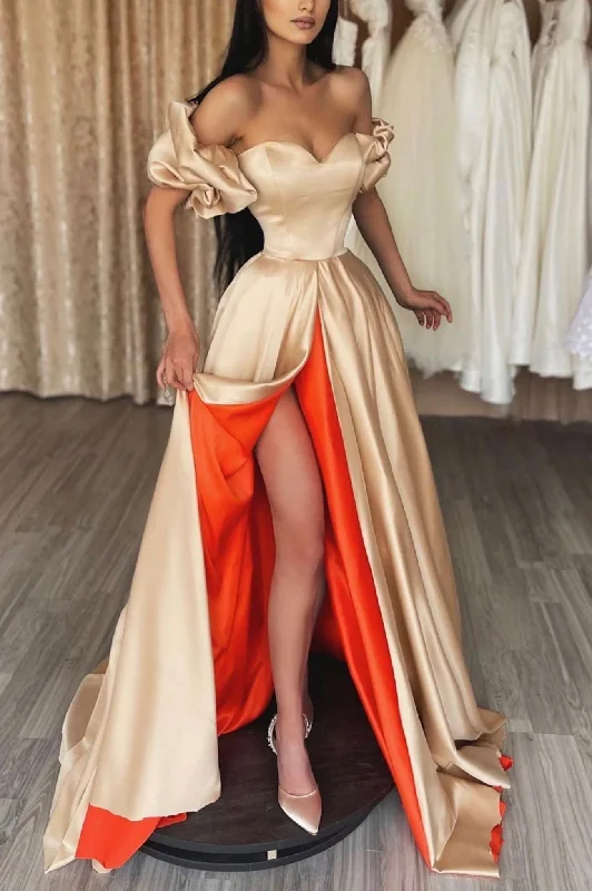 Savings Galore Off the Shoulder Satin Long Prom Dress with Slit