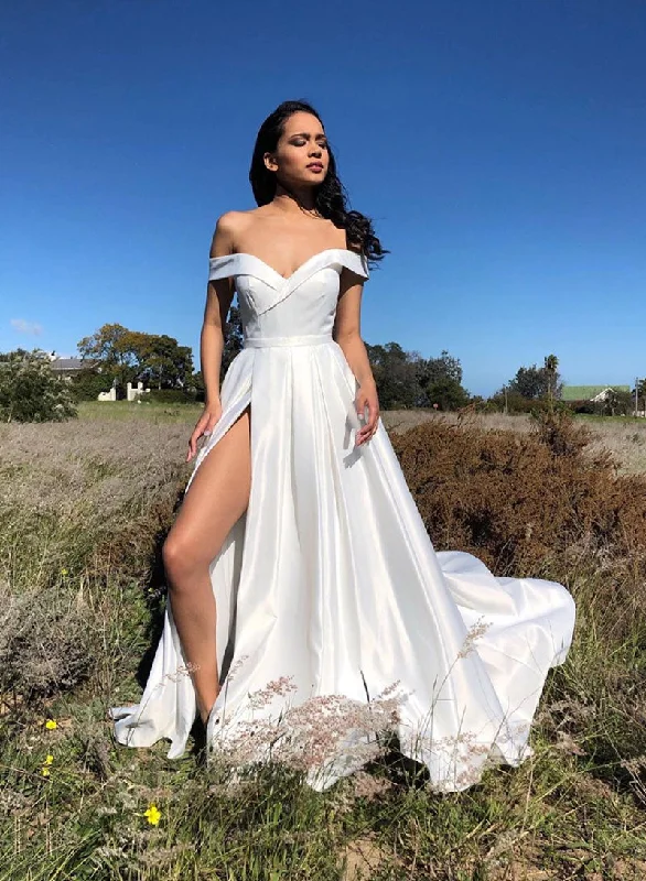 Price Reduction White Satin Long Prom Dress, Off the Shoulder Evening Party Dress with Slit