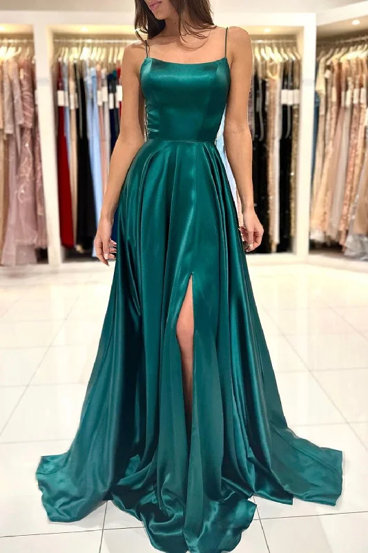 Weekend Flash Sale Green Satin Long Prom Dress, Simple A-Line Evening Dress with Slit