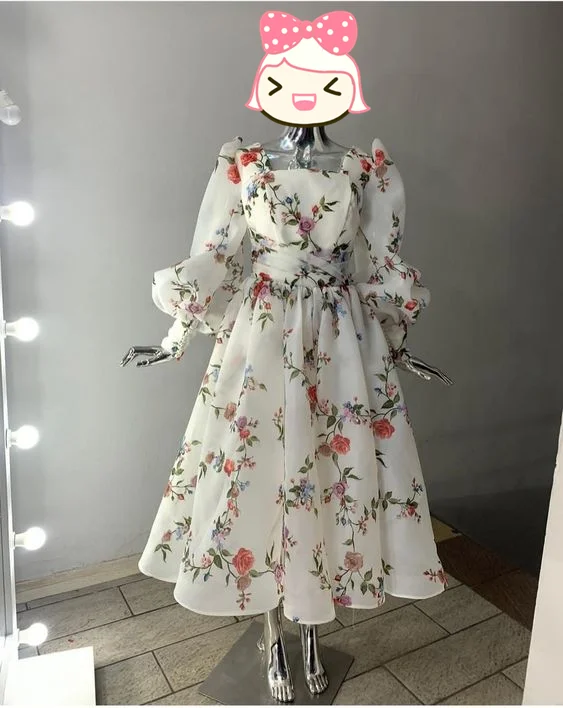 Limited Quantity relaxed fit dressUnique A-line Square Neckline Floral Print Prom Dress Y5814