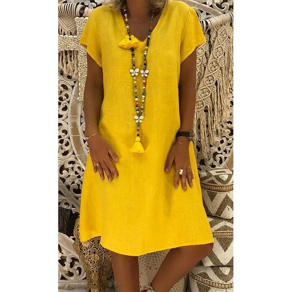 Price Meltdown Cotton Linen Solid Loose V Neck Short Sleeve Midi Dress