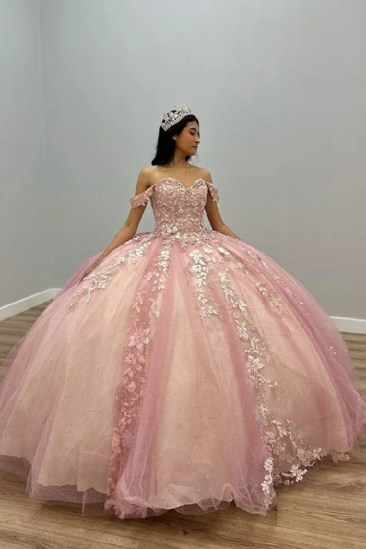 Friends and Family Sale structured dressOff The Shoulder Pink Tulle Appliques Ball Gown Quinceanera Dress Y5882
