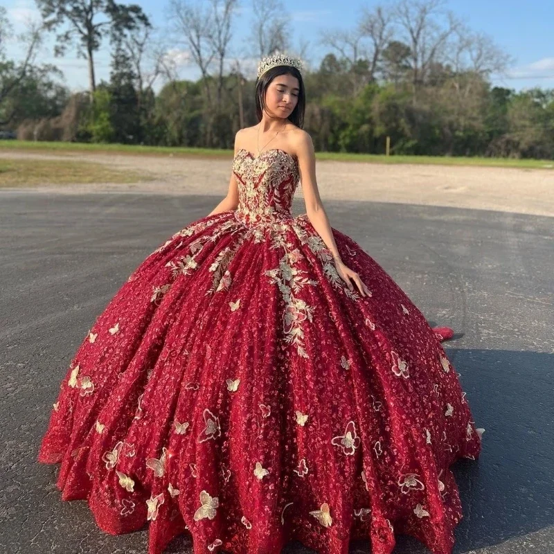 Red Sweetheart Ball Gown Quinceanera Dresses Gold Applique Bow Crystal Beading Off the Shoulder Ribbons Corset Vestido De 15Anos