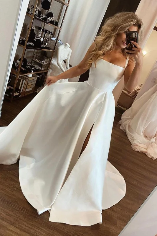 Price Reduction White Satin Floor Length Prom Dress with Slit