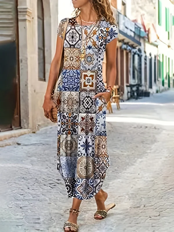 Price Slash Boho Paisley Print Crew Neck Dress, Casual Short Sleeve Dress