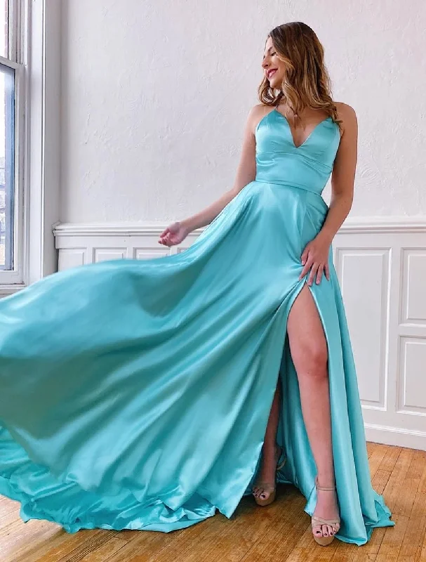 Bonus Savings Aqua Satin V-neck Spaghetti Straps A-Line Long Prom Dress with Slit JKZ8301 Bonus Savings Aqua Satin V-neck Spaghetti Straps A-Line Long Prom Dress with Slit JKZ8301